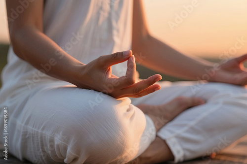 Wallpaper Mural Calm individual meditating in lotus position, hands in mudra, bathed in warm golden light for peace and mindfulness. Torontodigital.ca