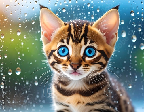 Cute kitten looking through rain-streaked window