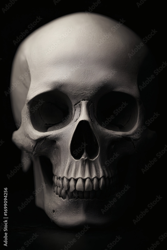 Obraz premium Close-Up of Elegant Decorative Human Skull with Detailed Teeth and Dramatic Lighting