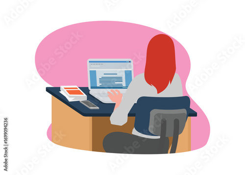 Female employee typing on the laptop. Backside view. Simple flat illustration