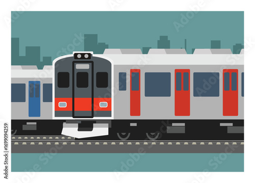 Diesel commuter train on double track with city skyscraper silhouette background. Simple flat illustration