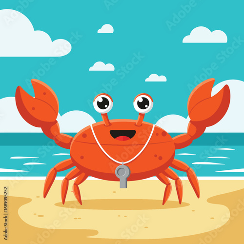 Cute crab lifeguard with whistle on beach
