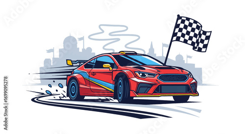 Modern rally car vector art. Showcasing a car drifting on a track with tire marks, checkered flag, and circuit silhouette. Ideal for professional and eye-catching visuals.