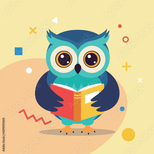 An owl reads a book with a colorful background and geometric shapes