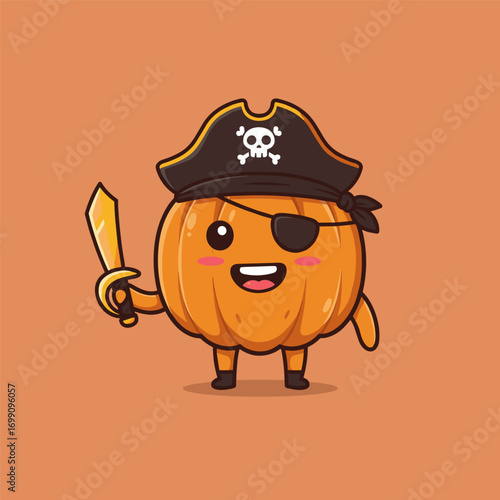 Cartoon pumpkin pirate with a skull hat, eye patch, golden sword, and cheerful face on orange background.