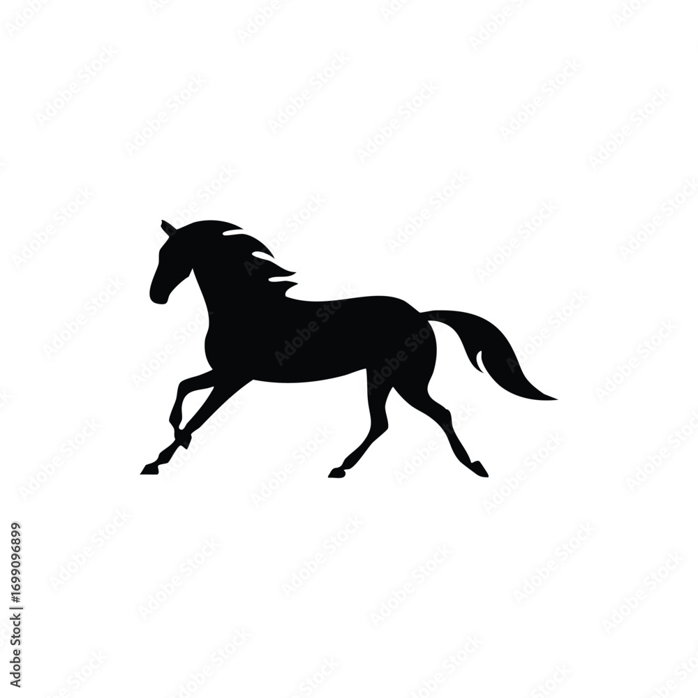 Fototapeta premium Black horse silhouette galloping across white background for equine designs