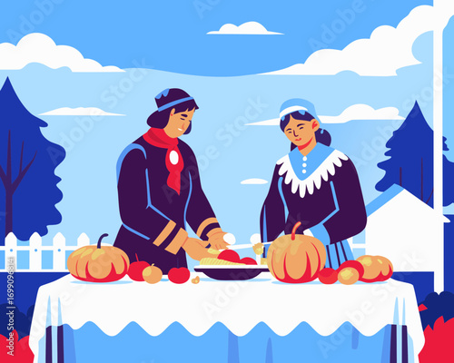 Pilgrims in traditional black coats and Native Americans collaborate joyfully to prepare a festive table adorned with pumpkins and apples, embodying unity and celebration