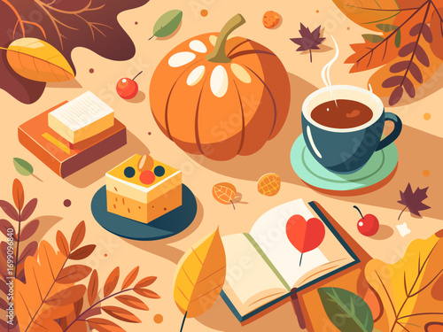 Cozy autumn scene featuring a pumpkin, coffee cup, cake, open book, and colorful leaves, creating a warm fall atmosphere with inviting textures and seasonal elements