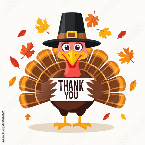 Thanksgiving dinner invitation card design featuring a cheerful turkey wearing a black hat, surrounded by colorful autumn leaves and a heartfelt message of gratitude