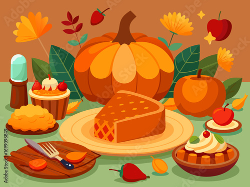 Festive Thanksgiving vector illustration featuring sliced pumpkin pie, autumn decorations, colorful leaves, and a variety of seasonal dishes creating a warm holiday atmosphere