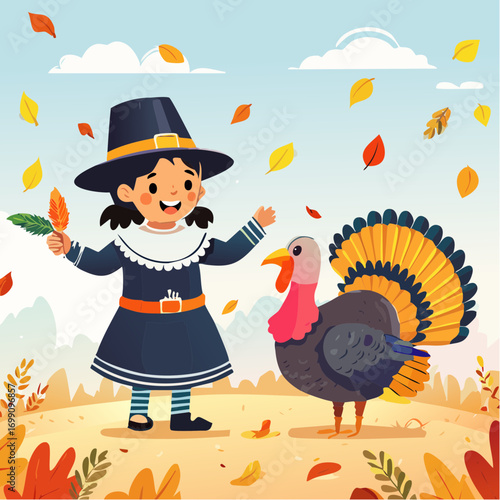 Young girl in traditional pilgrim attire joyfully interacting with a colorful turkey amidst falling autumn leaves, capturing the essence of Thanksgiving celebration and gratitude