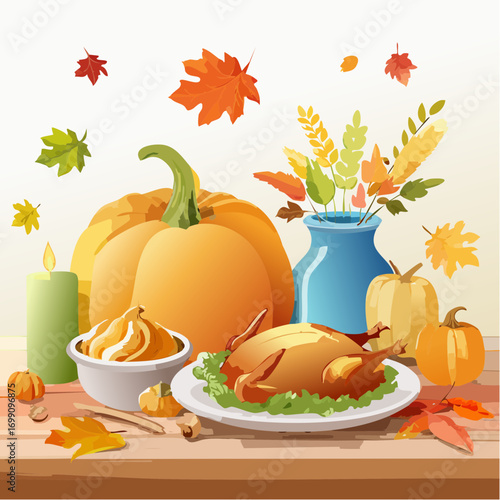 Autumn harvest display featuring a golden turkey, pumpkins, and colorful leaves, creating a warm Thanksgiving celebration atmosphere with vibrant seasonal elements