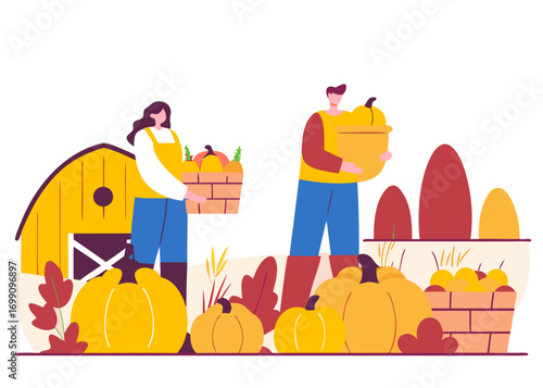 Two individuals harvesting pumpkins in a vibrant autumn setting, surrounded by colorful foliage and a rustic barn, celebrating the essence of fall and seasonal bounty
