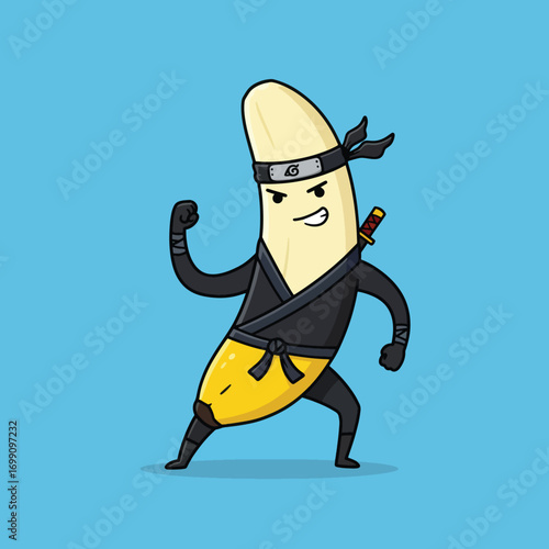 A cartoon banana dressed as a ninja posing against a blue background