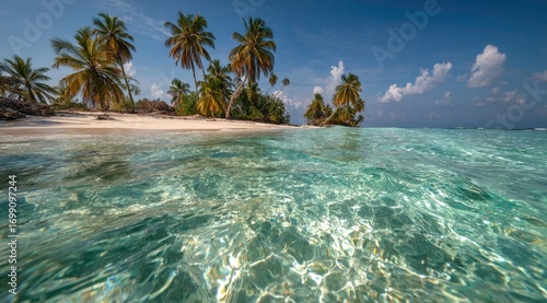 Tropical island beach, crystal-clear water