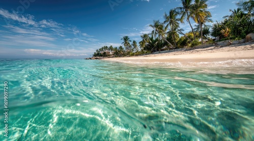 Tropical beach scene, crystal-clear turquoise water lapping at a pristine white sand shore, with palm trees lining the horizon