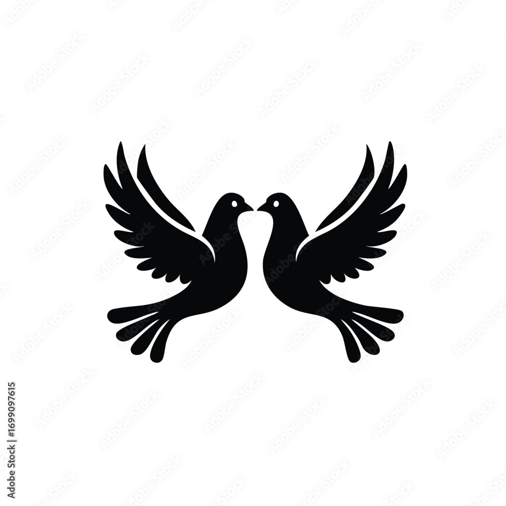 Obraz premium Two elegant black doves in silhouette facing each other with spread wings