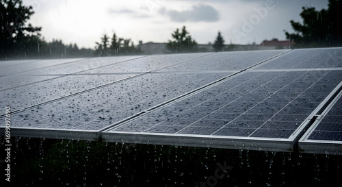 Sustainable energy survives stormy weather as rain cleans solar panels for optimal energy production and a greener future today