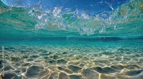 Underwater view of shallow turquoise water with sunlit sand bottom.  Waves cresting at surface