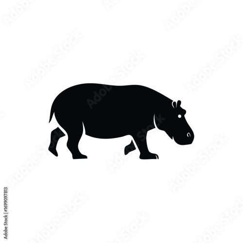 Black silhouette of a hippopotamus walking on a white isolated background