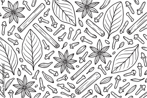 Minimalist vector background depicts tobacco, cloves, and other cigarette elements as repeating pattern, created in black and white with strong outlines, perfect for design works.