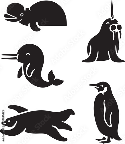 Aquatic and Arctic Animal Silhouettes Including Beluga Narwhal Dolphin Seal and Penguin vector illustration