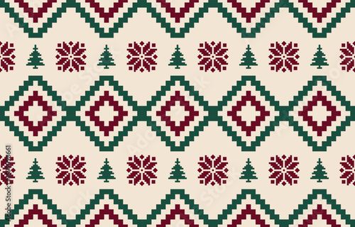 Christmas and New Year colorful and white seamless pattern, fairytale pixel pattern in white and green with Nordic snowflakes for winter hats, ugly sweaters, jumpers. wallpaper, paper or other design