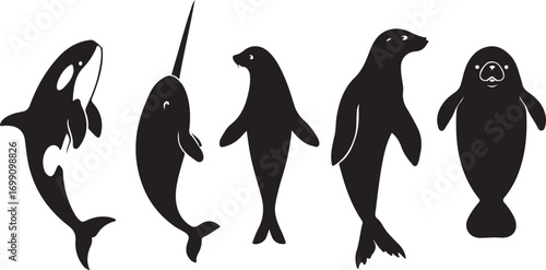 Black Silhouette Collection of Marine Mammals Orca Narwhal Seal and Manatee killer whale unicorn whale