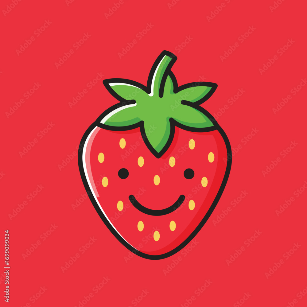 Obraz premium A cartoon strawberry with a smiling face on a red background