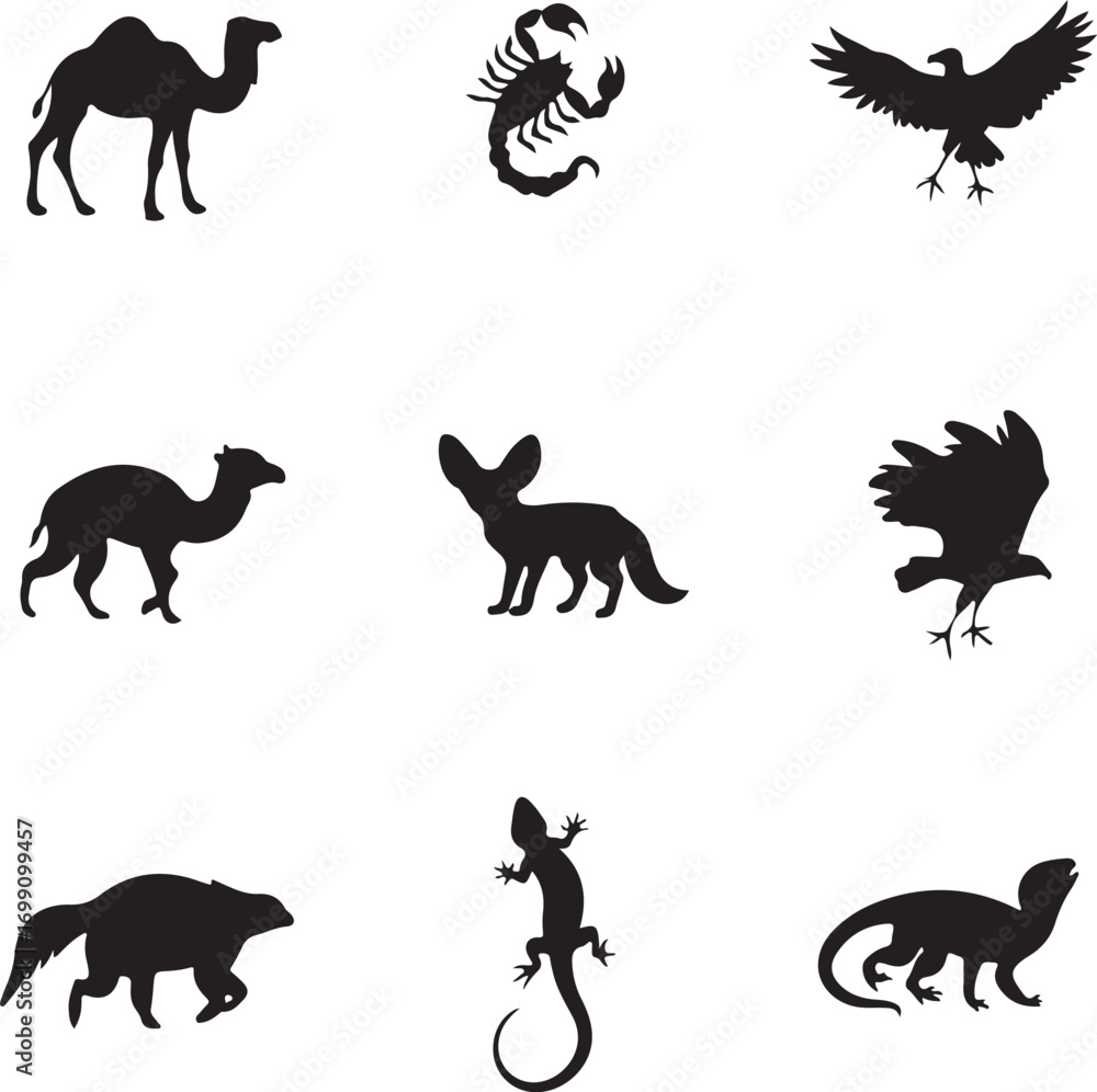 Obraz premium Desert Animals Silhouette Camel Scorpion Eagle Fennec Fox and Lizard dromedary arachnid