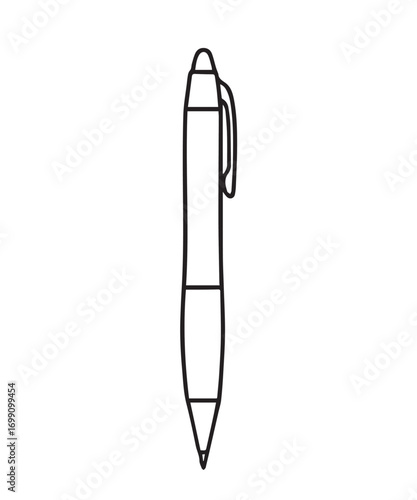 Minimalist vector artwork represents a ballpoint pen in black and white style, highlighted with bold outlines, ideal for logos, stationery, or creative design projects.