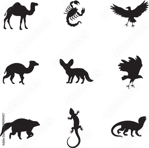 Desert Animals Silhouette Camel Scorpion Eagle Fennec Fox and Lizard dromedary arachnid