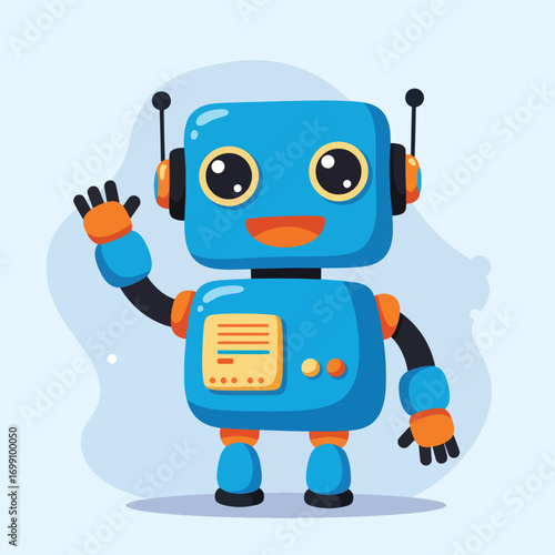 A blue cartoon robot with orange accents waves its hand