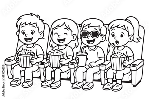 Vector representation of four children watching film in a cinema hall, rendered in minimalist monochrome style with thick black outlines, perfect for design projects.