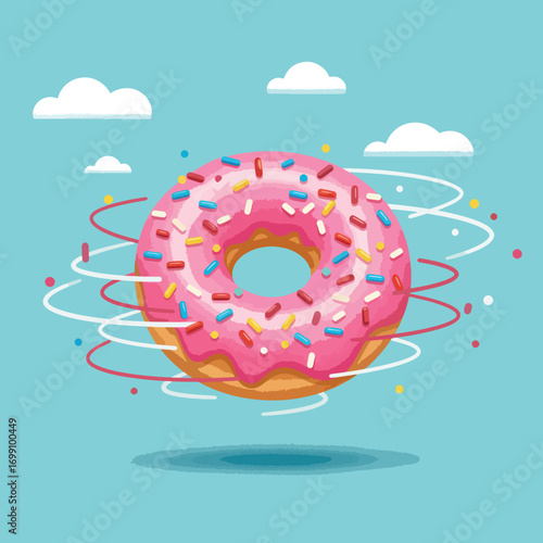 Pink frosted donut with sprinkles floats in sky with clouds
