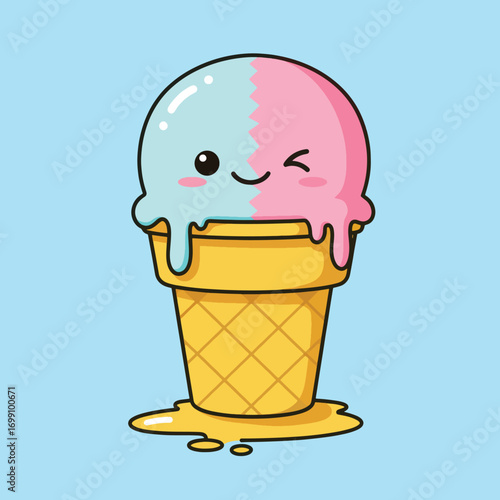 Cute cartoon ice cream cone with pink and blue scoops winking