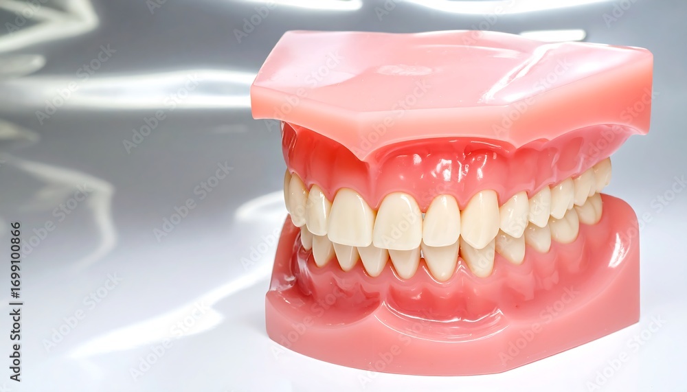 Obraz premium A detailed model of human teeth and gums presented on a plain, light background.
