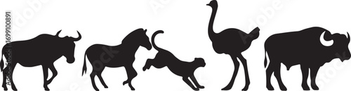 Silhouette Collection of African Wildlife and Domestic Animals Keywords: wildebeest, zebra, cheetah, ostrich, buffalo, animal silhouette, wildlife, safari, savanna, nature, Africa, domestic animal