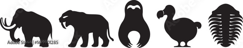 Silhouettes of extinct and prehistoric animals including mammoth saber-toothed tiger and dodo Keywords: mammoth, saber-toothed tiger, dodo, trilobite, prehistoric, extinct, animal, silhouette