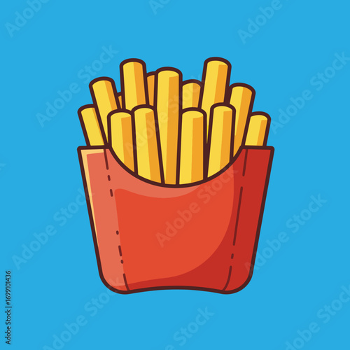 A red carton overflowing with yellow french fries on a blue background