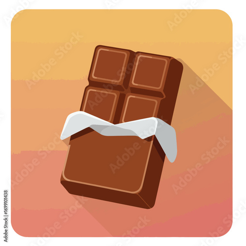 A brown chocolate bar partially unwrapped rests on a gradient background