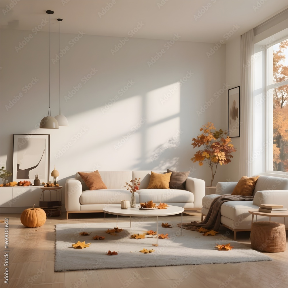 Obraz premium Minimalist Cozy Living Room Decorated with Autumn Leaves and Seasonal Atmosphere