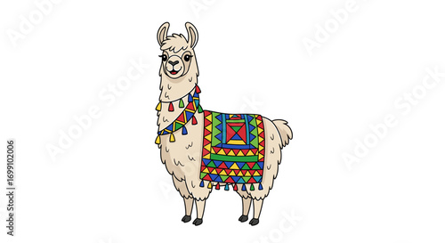 Cute Cartoon Llama Illustration with Colorful Blanket on White