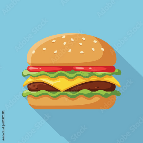 A cartoon hamburger with sesame seed bun lettuce cheese tomato and patty