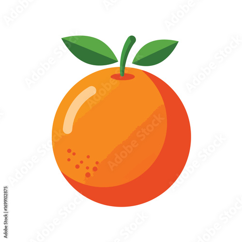 Orange with two green leaves and a stem