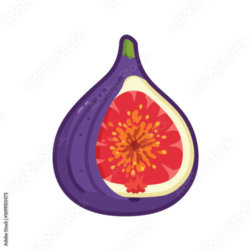 A stylized crosssection of a purple fig with bright red and orange flesh