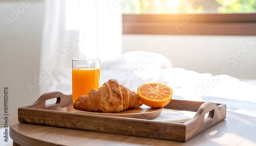 Breakfast tray with croissant and orange juice on a bed