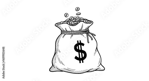 Sketch illustration of a money bag with coins falling out