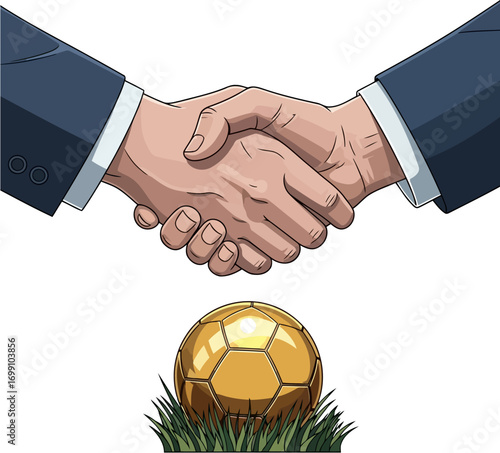 Luxury Business Deal - Two hands shaking over a floating gold ball, symbolizing success and premium partnership.