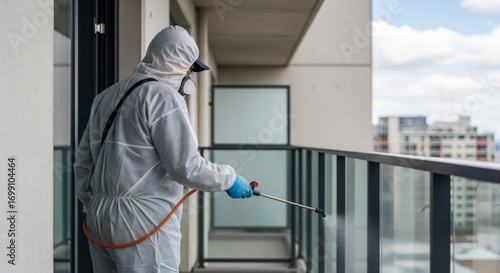 Wallpaper Mural Male pest control worker in protective suit spraying chemicals on balcony to disinfect against insects and various pests for home protection. Torontodigital.ca